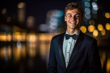 Handsome young man in tuxedo on blurred city backgroundの素材