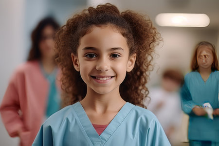 Portrait of smiling African-American girl in medical uniform looking at cameraの素材