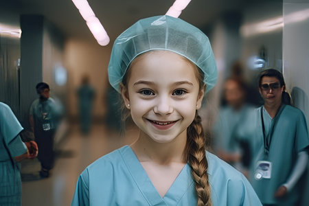 Portrait of a cute little girl in a medical cap and blue uniform smiling.の素材