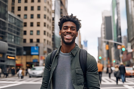 Portrait of a smiling african american man walking in the cityの素材
