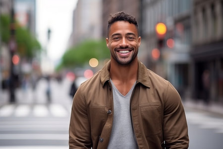 Portrait of a handsome young man smiling at the camera while standing in a city streetの素材
