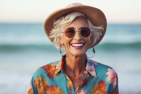 Portrait of happy senior woman wearing sunglasses and hat on the beachの素材