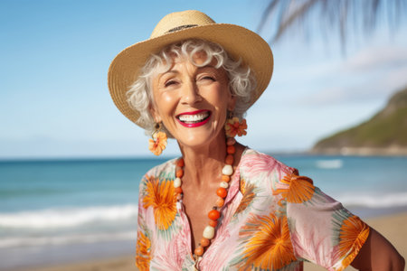 Portrait of happy senior woman in summer clothes on the beach.の素材
