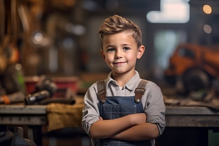 Portrait of smiling boy with arms crossed standing in auto repair shopの素材