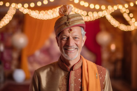 Portrait of a smiling senior man in a headdress at homeの素材