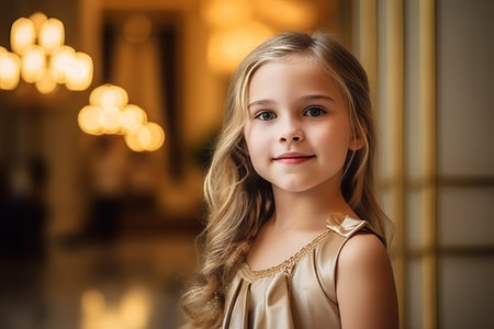 Portrait of a cute little girl in a gold dress on a background of the interior.の素材