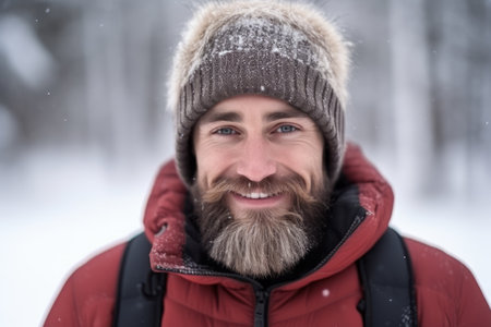 Portrait of a handsome man with a long beard and mustache in a red jacket in the winter forestの素材