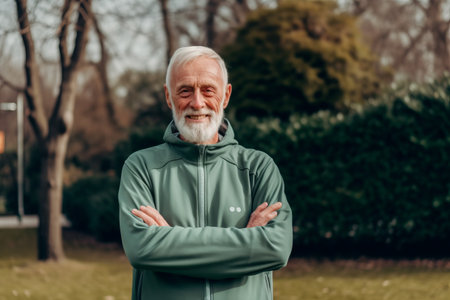 smiling senior man in sportswear standing with crossed arms in parkの素材