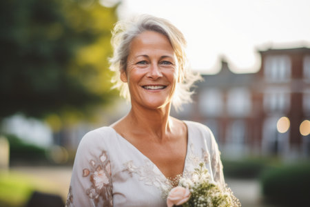 Portrait of a smiling senior woman with a bouquet of flowersの素材