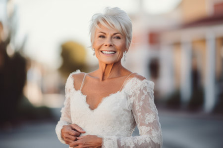 Portrait of happy senior woman in wedding dress posing outdoors. Smiling mature woman in white wedding dress.の素材