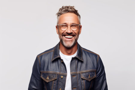 Portrait of a happy mature man in glasses and a leather jacket smiling and looking at the camera over gray backgroundの素材
