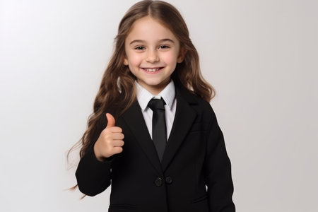 Cute little girl in a black suit on a white background.の素材
