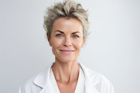 Portrait of smiling mature female doctor looking at camera over white backgroundの素材