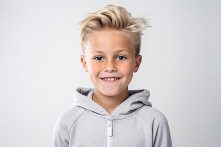 Portrait of a cute little boy with blond hair on a white backgroundの素材