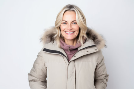 Portrait of a happy mature woman in winter jacket on white backgroundの素材