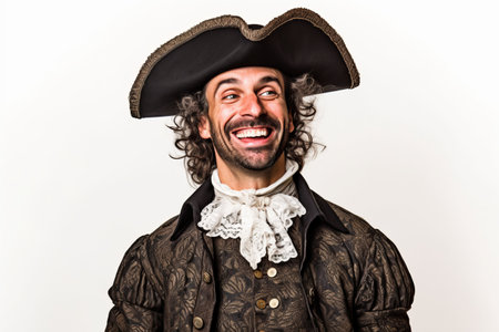 Pirate man with coat and hat laughing in studio on white backgroundの素材