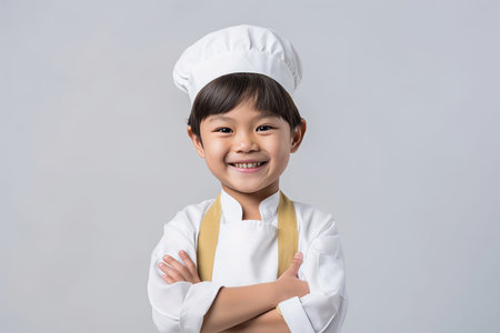 Portrait of asian little boy in chef uniform on white backgroundの素材