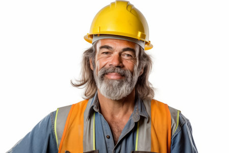 Portrait of a senior construction worker wearing a hardhat isolated on white backgroundの素材