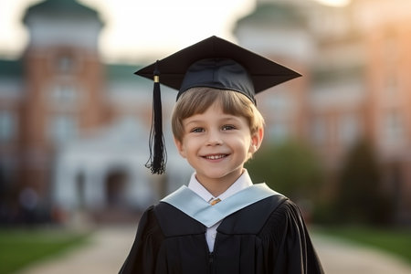 Portrait of a smiling little boy in graduation gown and cap outdoorsの素材