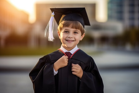Portrait of a smiling little boy in graduation cap and gown standing outdoorsの素材