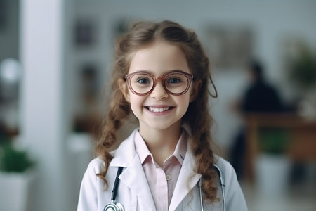 Portrait of a smiling little girl in glasses with stethoscope.の素材