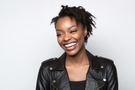 Portrait of a smiling african american woman in leather jacketの素材