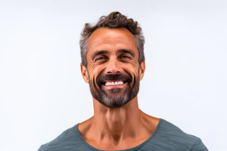 Handsome middle-aged man in gray t-shirt on white background.の素材