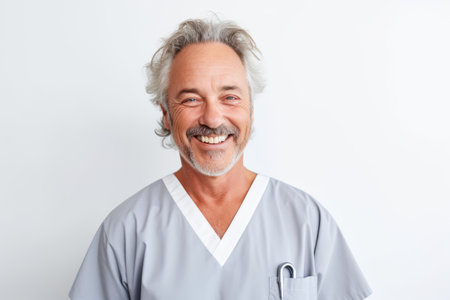 Portrait of happy senior doctor smiling at camera while standing against white backgroundの素材