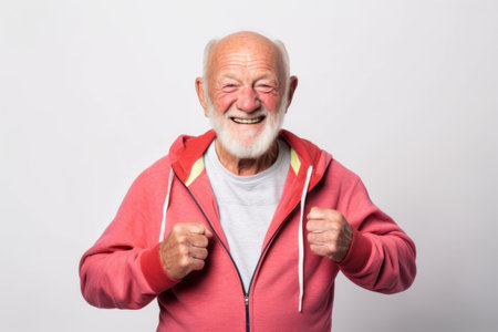 Portrait of happy senior man with red hoodie on white backgroundの素材