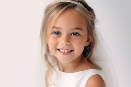 Portrait of a beautiful little girl in a white dress on a white backgroundの素材