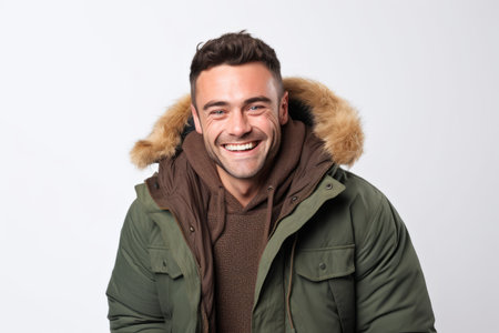 Portrait of a smiling young man in winter jacket on a white backgroundの素材
