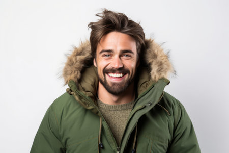 Portrait of a smiling young man in winter jacket on a white backgroundの素材