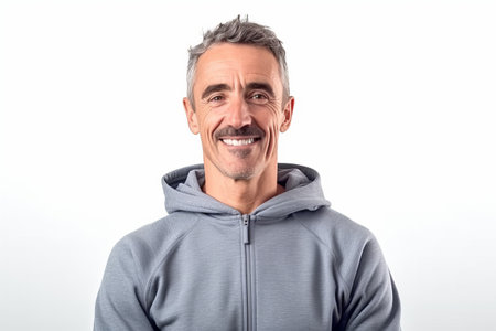 Portrait of a smiling middle-aged man wearing a hoodieの素材
