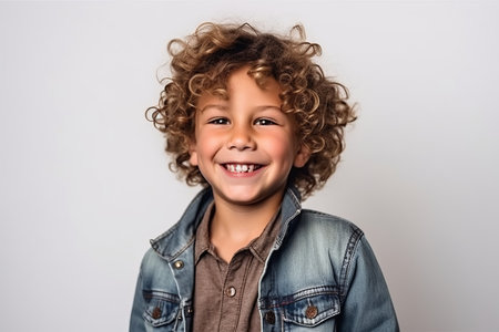 Portrait of a smiling little boy with curly hair on a white backgroundの素材