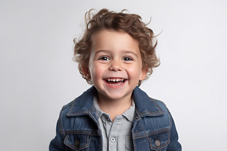 Portrait of a smiling little boy in jeans jacket on a white backgroundの素材