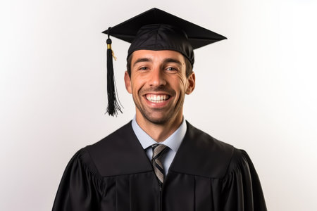 Portrait of a happy young man in graduation gown on white backgroundの素材