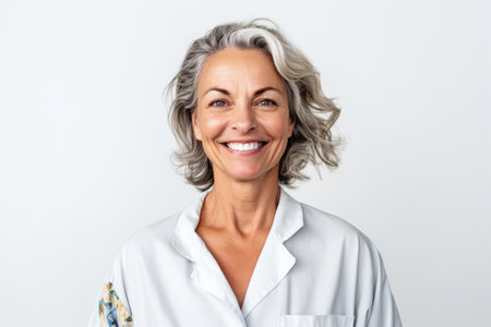 Portrait of happy senior woman smiling at camera isolated on a white backgroundの素材
