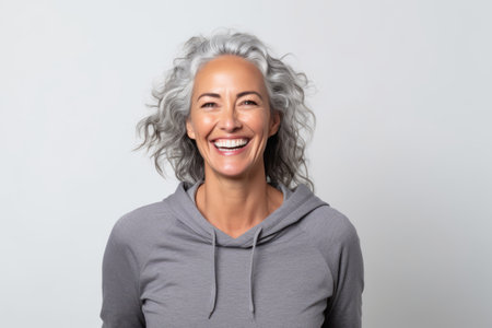 Portrait of a beautiful middle aged woman smiling on a white backgroundの素材