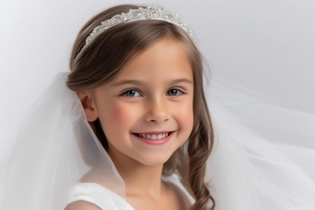 beautiful little girl in white wedding dress smiling at camera isolated on grayの素材
