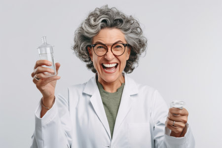 Cheerful mature female doctor holding bottle of antiseptic isolated over white backgroundの素材