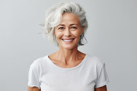Portrait of a smiling senior woman looking at camera over gray backgroundの素材