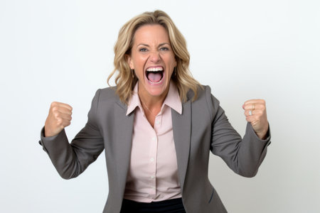 Angry middle aged business woman screaming and clenching fists in anger. Angry businesswoman screaming and clenching fists. Negative human emotions and facial expressions concept.の素材