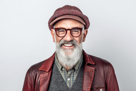 Portrait of a senior hipster man wearing glasses and a hatの素材