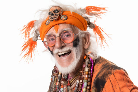 Portrait of an old man with a skull mask on a white backgroundの素材