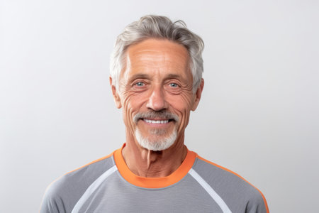Portrait of a senior man with gray hair on white background.の素材