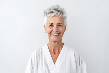 Portrait of happy senior woman smiling and looking at camera against white backgroundの素材