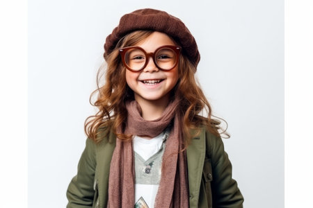 Portrait of a cute little girl in glasses and a beretの素材