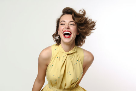 Portrait of a beautiful young woman laughing on a white background.の素材