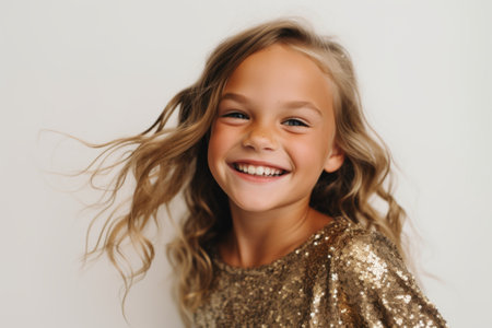 Portrait of a smiling little girl in a golden dress on a white backgroundの素材