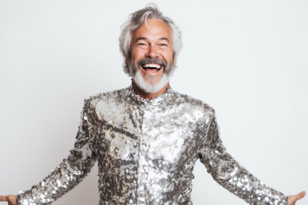 Portrait of a happy senior man in shiny silver dress isolated on a white backgroundの素材